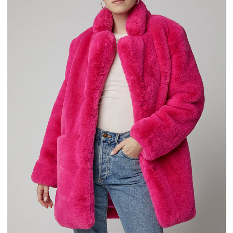 Street-Wave Women's Midi Faux Fur Coat Oversized Wide-Cut For Autumn Warmth Bright Versatile Blue