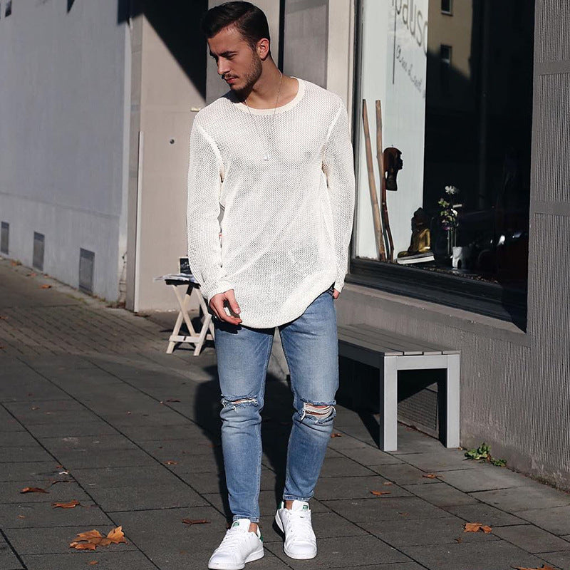 Street-wave Men's Long Knit Sweater With Structured Pattern For Casual Everyday Style