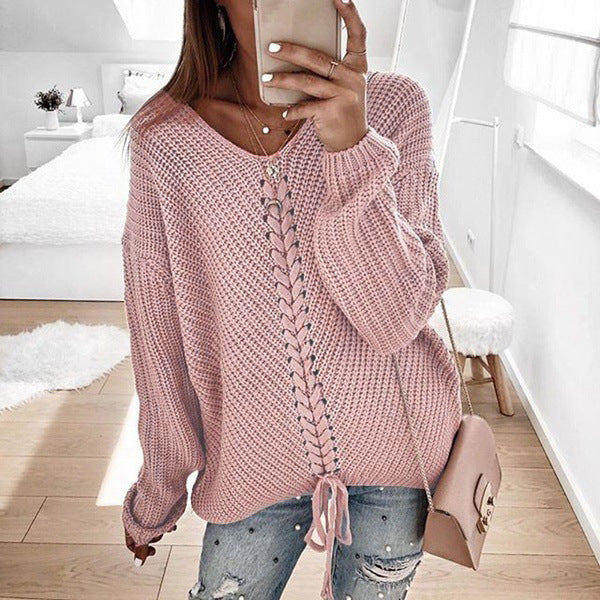 Street-Wave Women's Knit Sweater With Lace Up Detail Cozy Cotton Knit Pullover For Everyday
