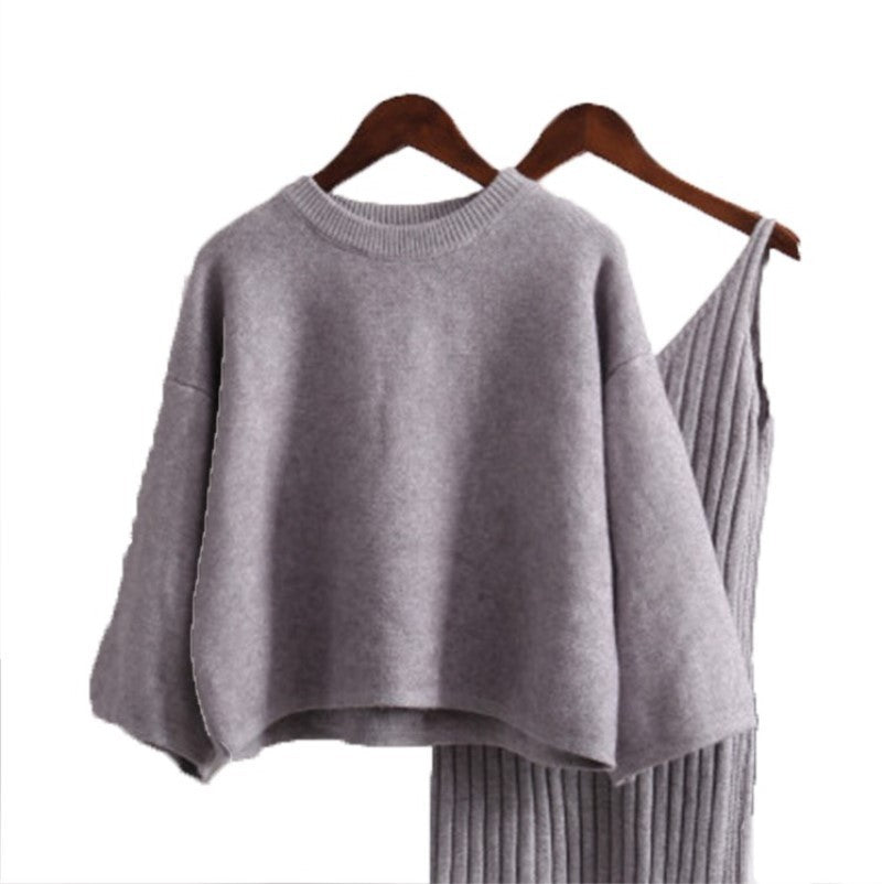 Street Wave Women Knit Set With Casual Crop Sweater And Ribbed Maxi Dress For Trendy Comfort