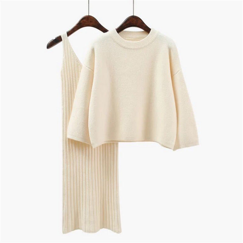 Street Wave Women Knit Set With Casual Crop Sweater And Ribbed Maxi Dress For Trendy Comfort
