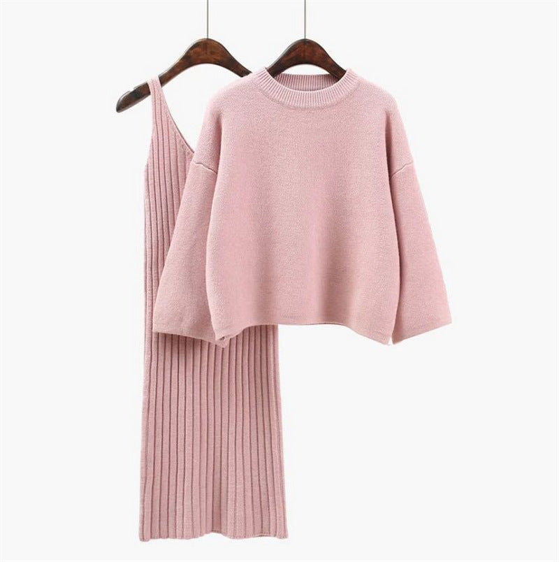 Street Wave Women Knit Set With Casual Crop Sweater And Ribbed Maxi Dress For Trendy Comfort