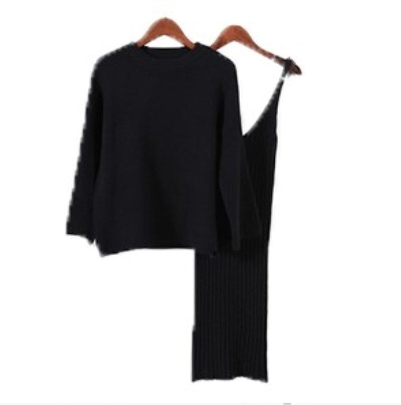 Street Wave Women Knit Set With Casual Crop Sweater And Ribbed Maxi Dress For Trendy Comfort