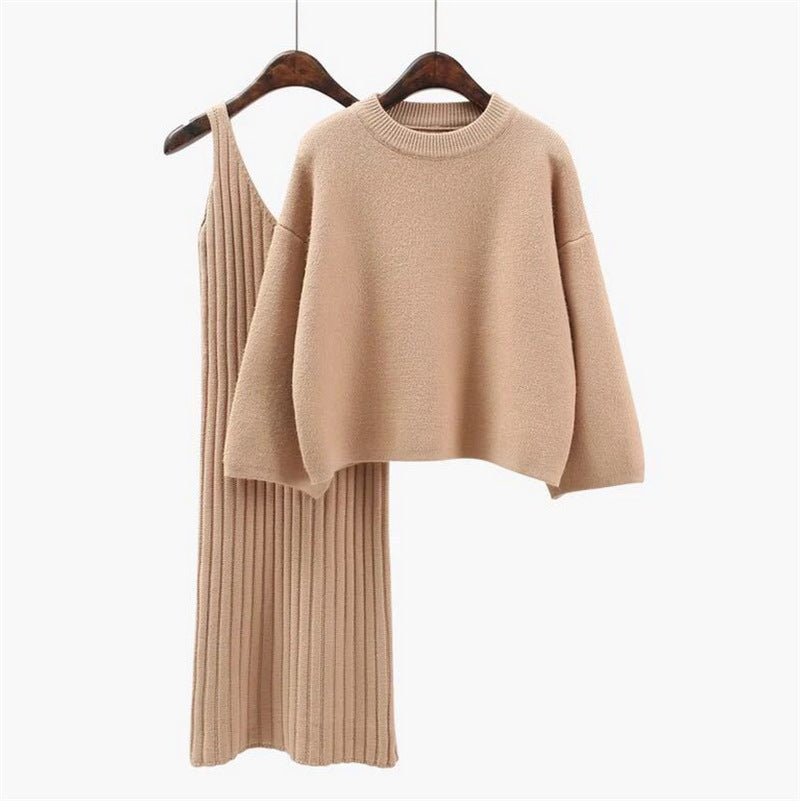 Street Wave Women Knit Set With Casual Crop Sweater And Ribbed Maxi Dress For Trendy Comfort