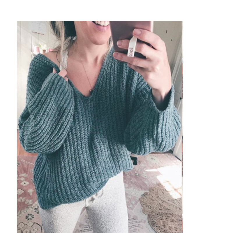 Street-Wave Women's Chunky Knit Pullover With Relaxed V-Neck And Wide Sleeves For Cozy Everyday Wear