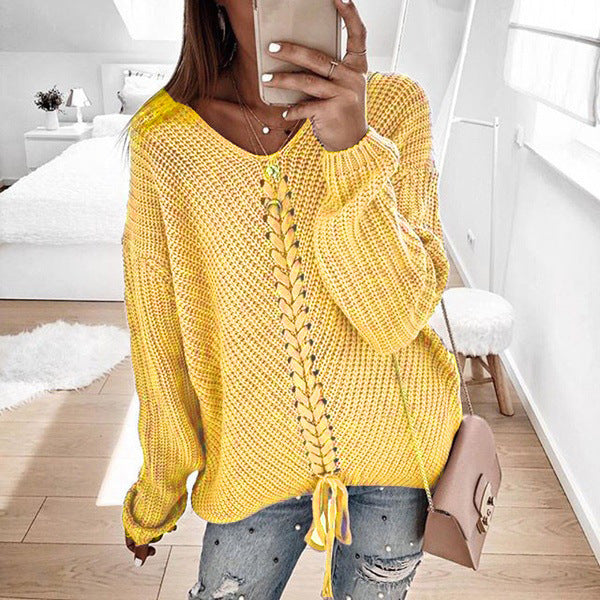 Street-Wave Women's Knit Sweater With Lace Up Detail Cozy Cotton Knit Pullover For Everyday