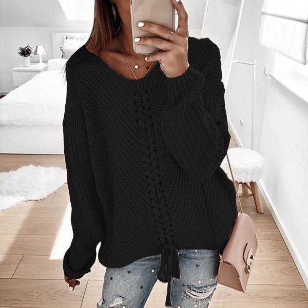 Street-Wave Women's Knit Sweater With Lace Up Detail Cozy Cotton Knit Pullover For Everyday