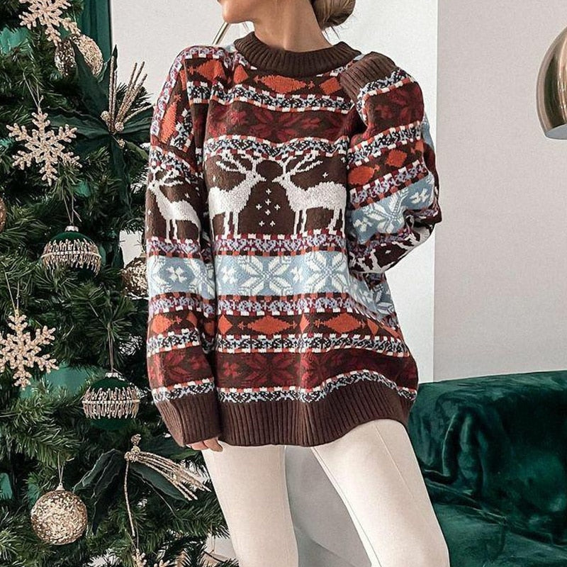Street-wave Women's Christmas Knit Sweater With Reindeer Pattern Cozy Holiday Pullover