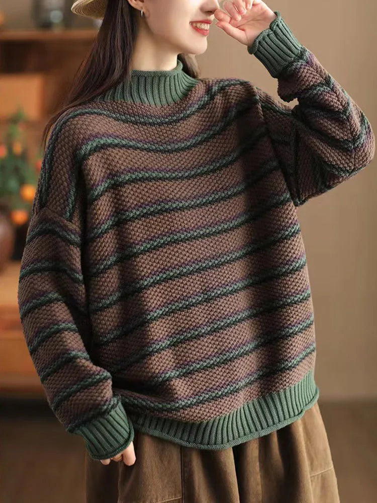 Nordic Striped Relaxed Fit Mock Neck Sweater | Ribbed Long Sleeve Sweater