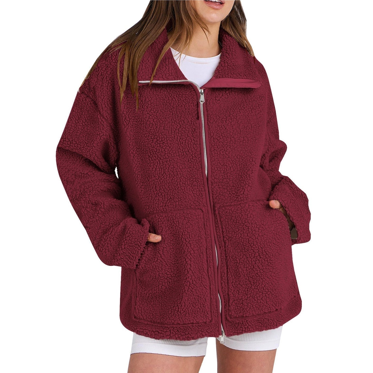 Street-wave Lambswool Coat For Women With High Collar And Cozy Teddy Texture And Warmth