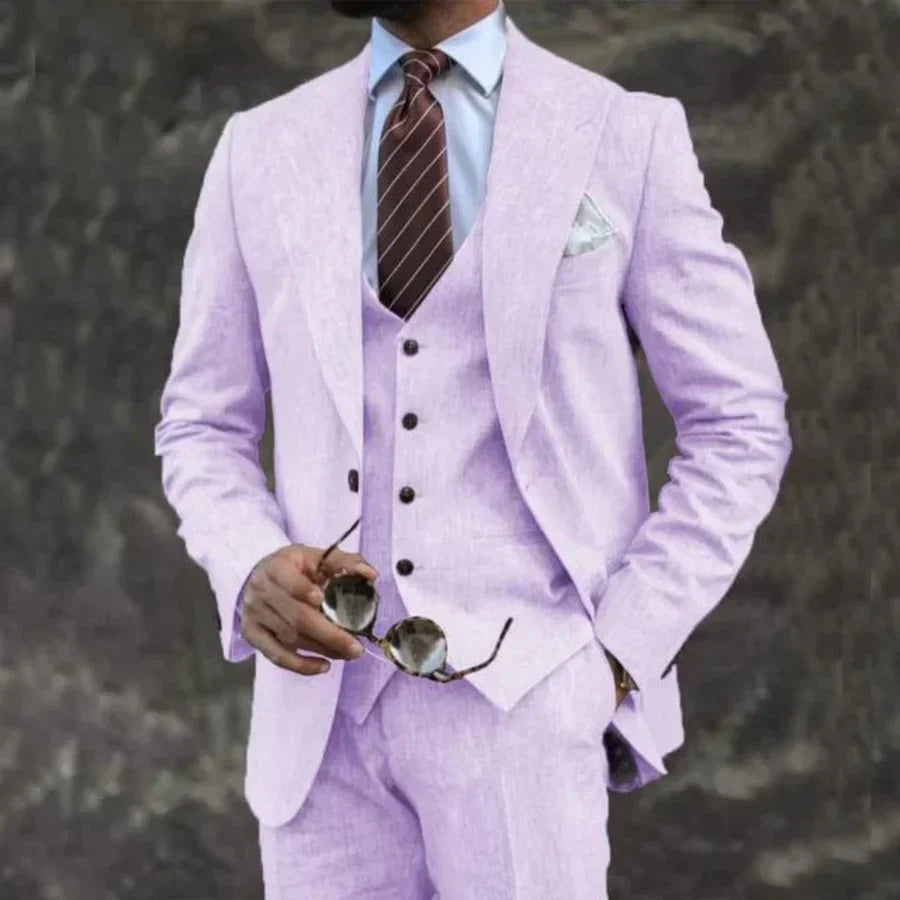 Carson Mens Three Piece Linen Blend Suit Street Wave Lightweight For Weddings