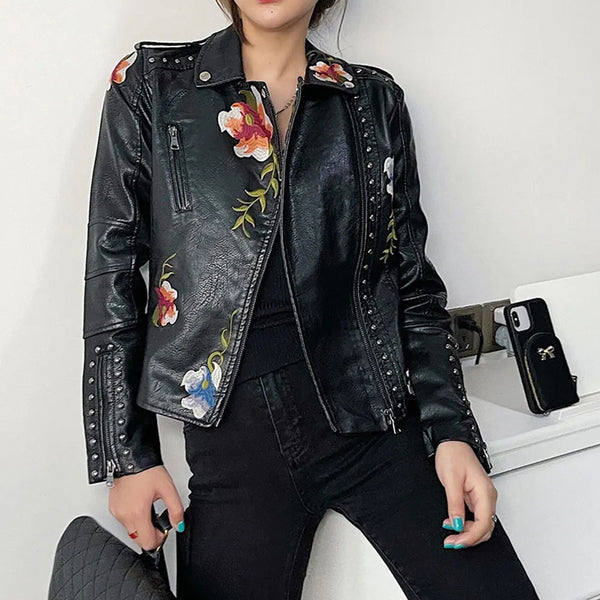 Street Wave Floral Embroidered Leather Jacket For Women Chic Vintage Inspired Outerwear