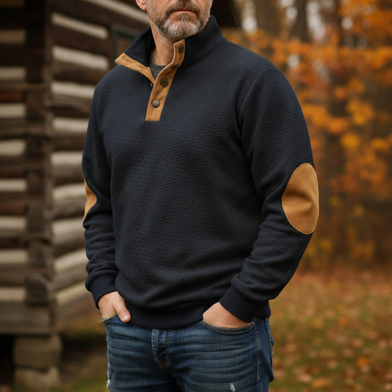 Men's Wool Sweater With Stand Collar Elbow Patch And Button Placket Casual Relaxed Fit