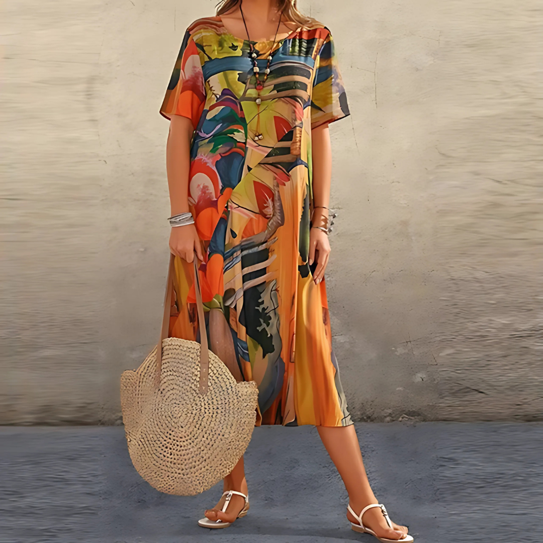 Women's Floral Dress with A-Line Silhouette and Short Sleeves