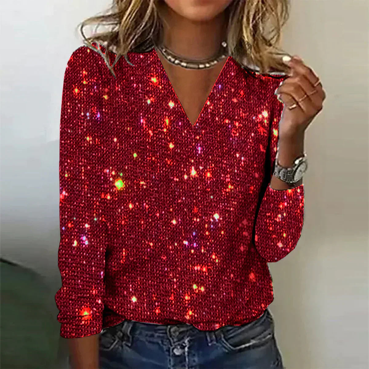 Street Wave Priscilla Sequin V Neck Pullover For Women Sparkling Evening Party Glam Top