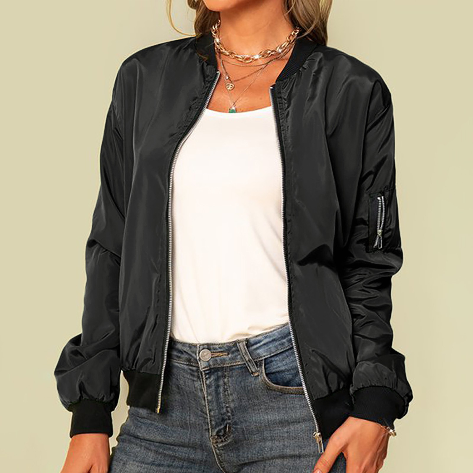 Avelena Zippered Bomber Jacket For Women By Street-wave Breathable Lightweight Polyester Everyday Essential