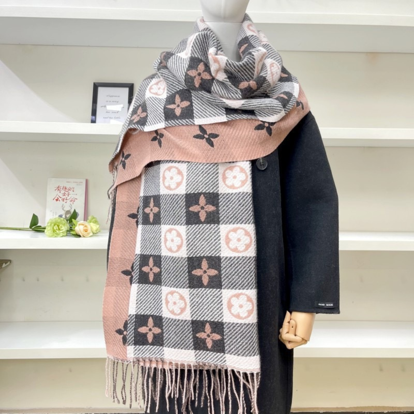 Women's Warm Plaid Scarf with Double-Sided Design and Tassels