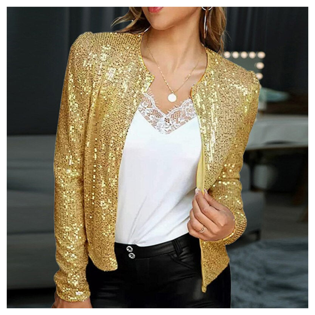 Street-Wave Sequin Zip Up Evening Jacket for Women Glamorous Short Cut Party Ready