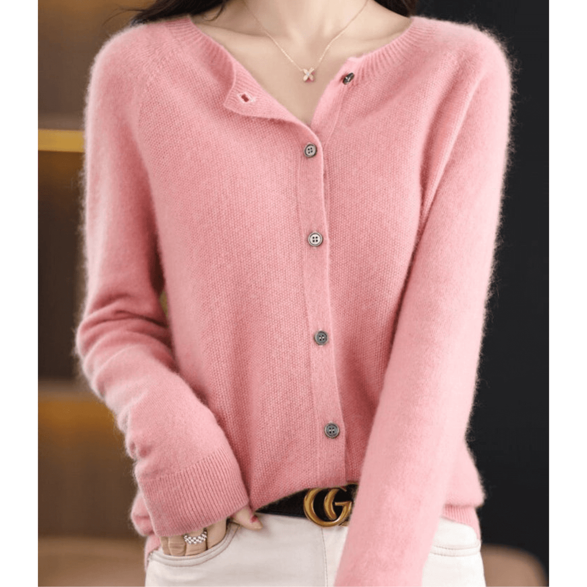Street-Wave Womens Fine Knit Cardigan Crew Neck Soft CashmereFeel Merino Wool Blend Cozy Warm Essential