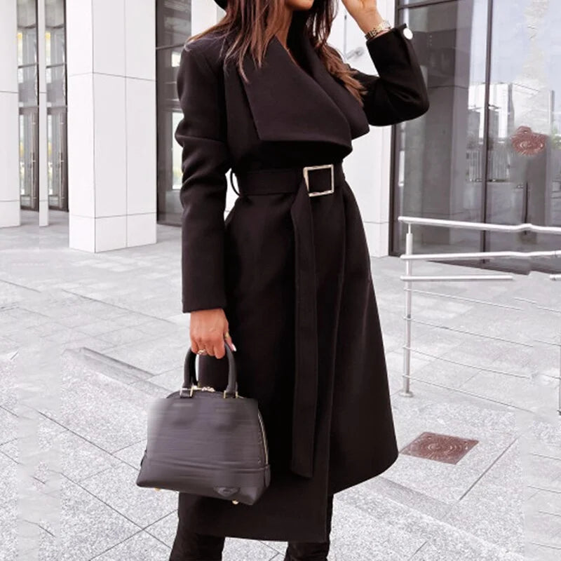 Street Wave Long Wool Coat With Effortless Belted Classic Fit And Wide Lapels For Modern Women