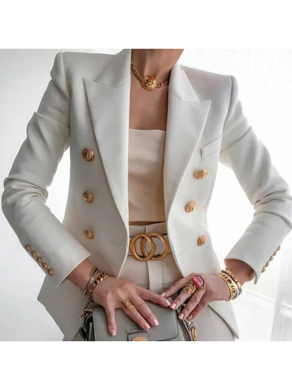 Street-Wave Glimmer Blazer With Button Closure For Women Elegant Office Ready Gold Button Detail