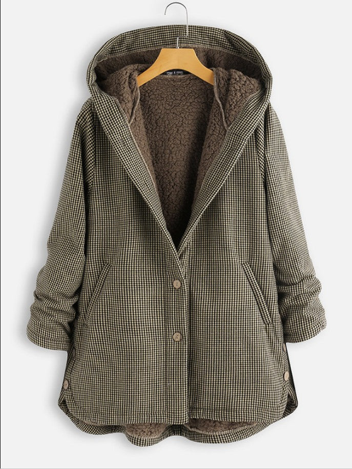 Street-wave Sherpa Hoodie Coat With Checkered Pattern For Men And Women Warm Fleece Lining Casual Fit Button Front