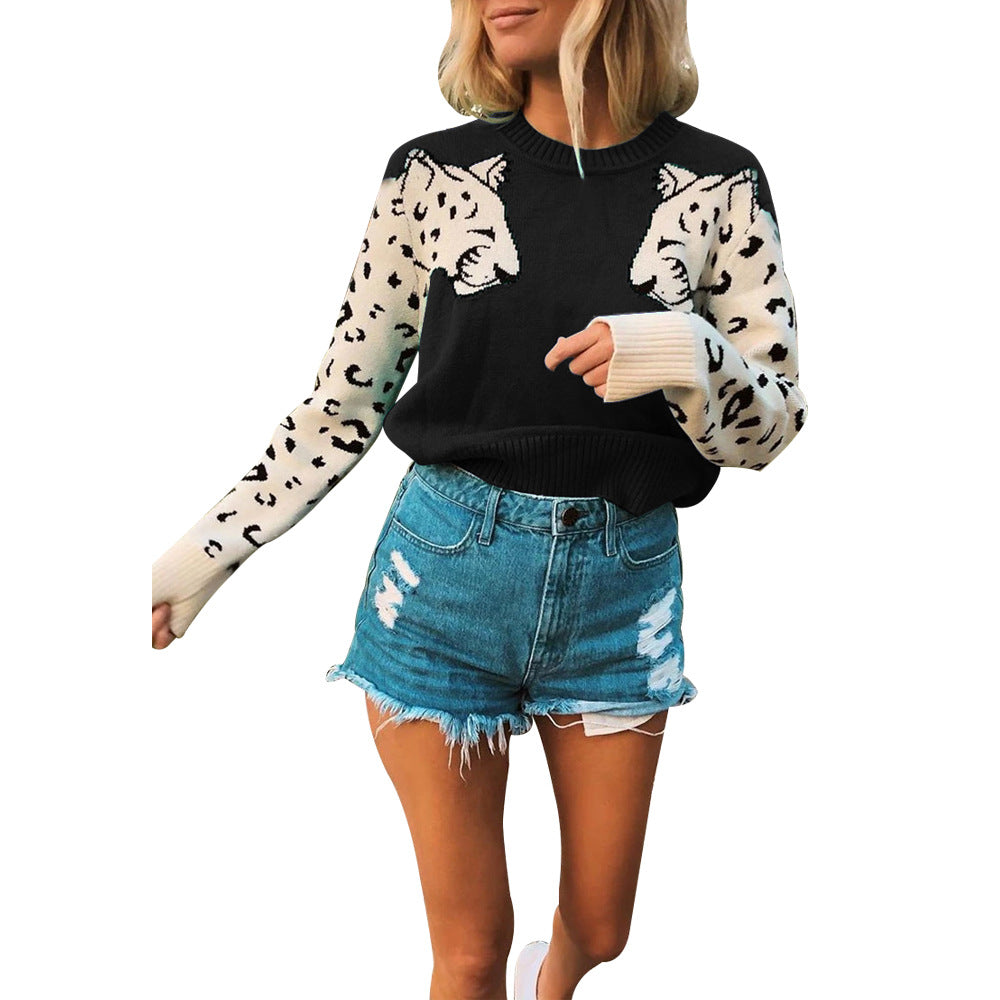 Street-wave Women's Knit Sweater With Animal Motif And Colorblocked Sleeves For Trendy Casual Wear