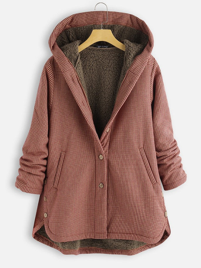 Street-wave Sherpa Hoodie Coat With Checkered Pattern For Men And Women Warm Fleece Lining Casual Fit Button Front