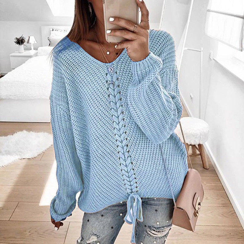 Streetwave Women Oversized Knit Pullover With Deep V Neck And Decorative Cord Detail For Cozy Everyday Wear