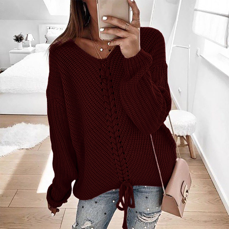 Streetwave Women Oversized Knit Pullover With Deep V Neck And Decorative Cord Detail For Cozy Everyday Wear