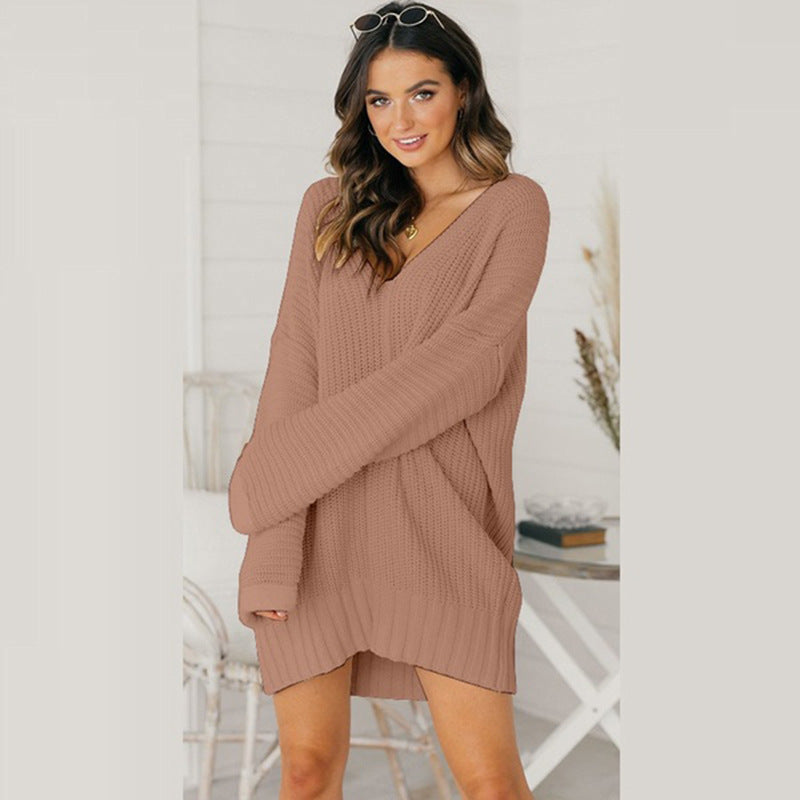 Street-Wave Women's Cozy Oversized Knit Sweater With Deep V Neck And Drop Shoulders
