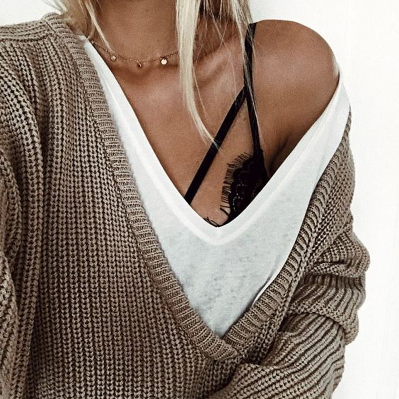 Street-wave Womens Chunky Knit V Neck Pullover With Relaxed Fit And Soft Comfort