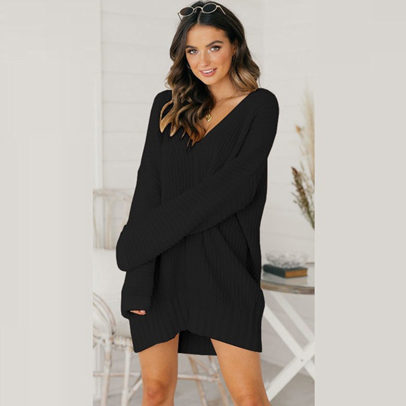 Street-wave Women’s Chunky Knit Pullover Dress With V Neck Relaxed Fit Effortless Chic Wool