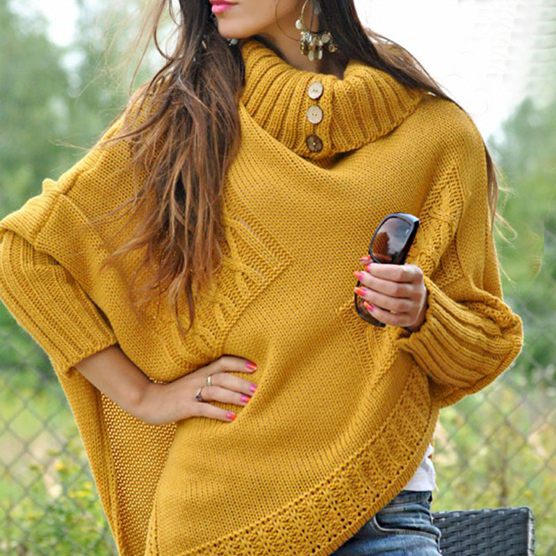 Ladies Knit Poncho With High Collar And Button Details Street-wave Cozy Elegant Winter Outerwear