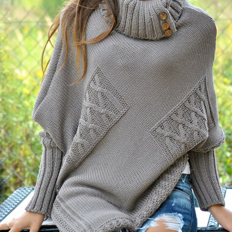 Ladies Knit Poncho With High Collar And Button Details Street-wave Cozy Elegant Winter Outerwear