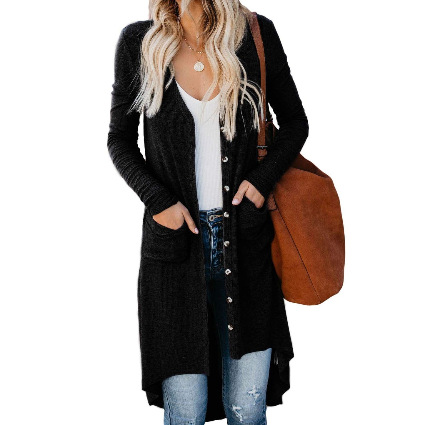 Streetwave Women's Long Cardigan With Button Placket And Pockets Cozy Everyday Essential