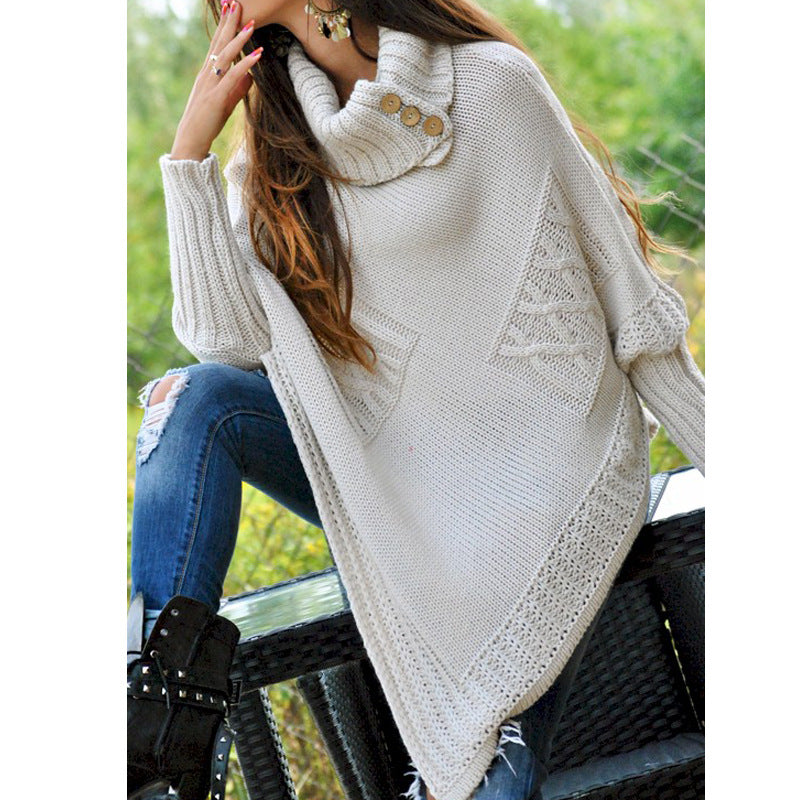 Ladies Knit Poncho With High Collar And Button Details Street-wave Cozy Elegant Winter Outerwear