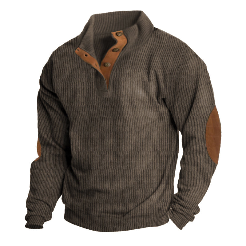 Street-wave Men's Ribbed Knit Pullover With Button Henley Collar And Elbow Patches