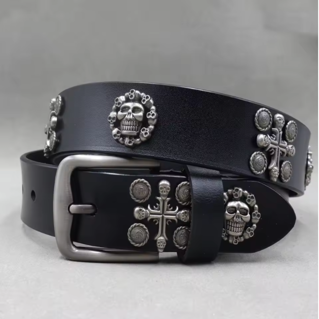 Street-Wave Rebel Noir Skull Studded Leather Belt For Men With Adjustable Buckle And Silver Stud Accents
