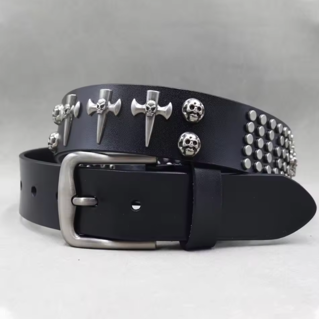 Street-Wave Rebel Noir Skull Studded Leather Belt For Men With Adjustable Buckle And Silver Stud Accents