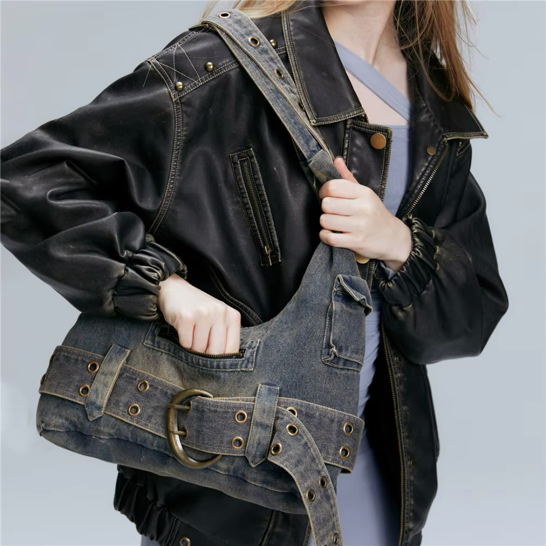 Street-Wave Ashen Denim Shoulder Tote - Vintage Rebel Denim With Modern Edge And Plenty Of Pockets