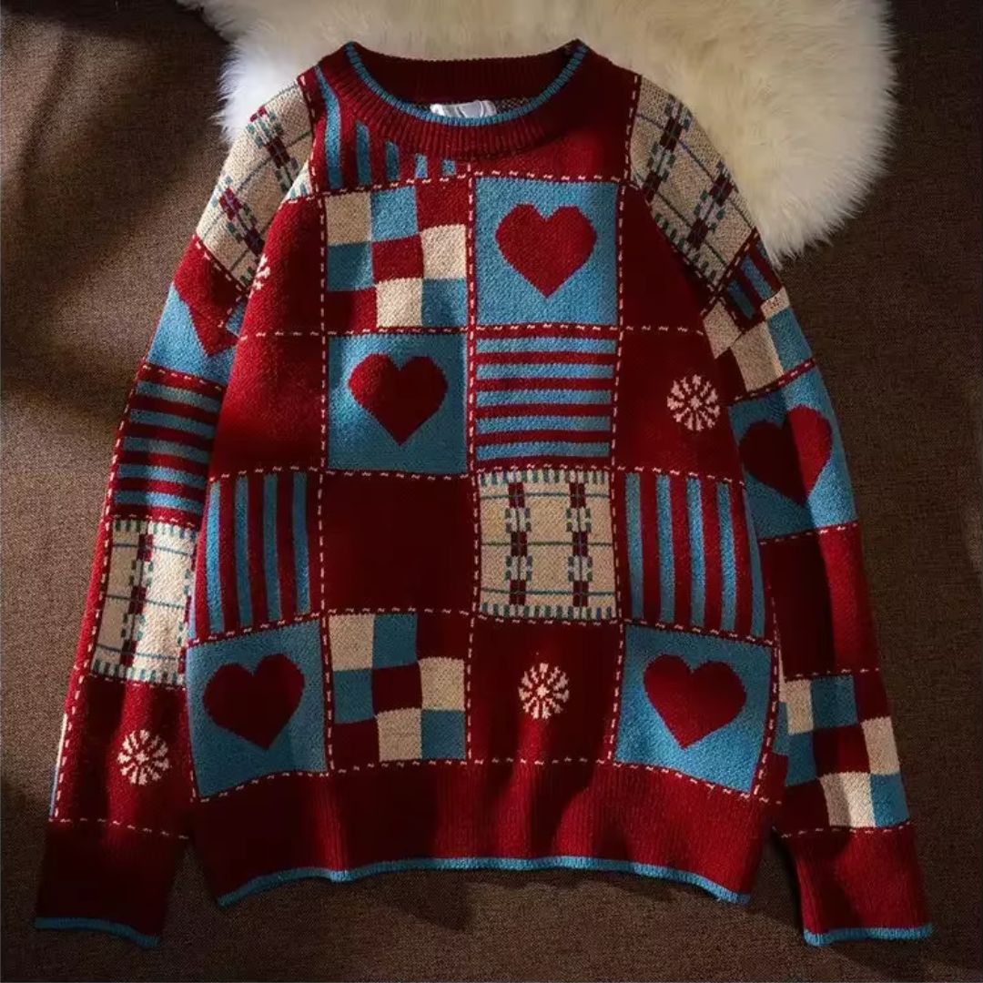 Hearth Patchwork Wool Pullover Sweater With Heart Motifs Cozy Vintage Geometric Knit