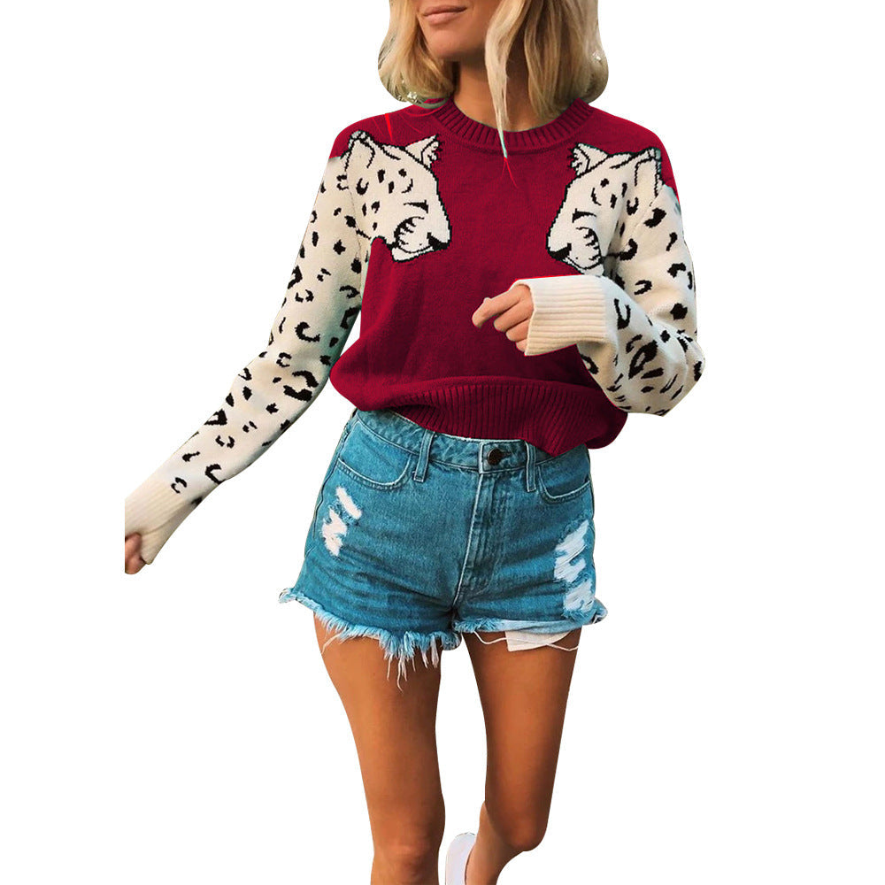 Street-wave Women's Knit Sweater With Animal Motif And Colorblocked Sleeves For Trendy Casual Wear