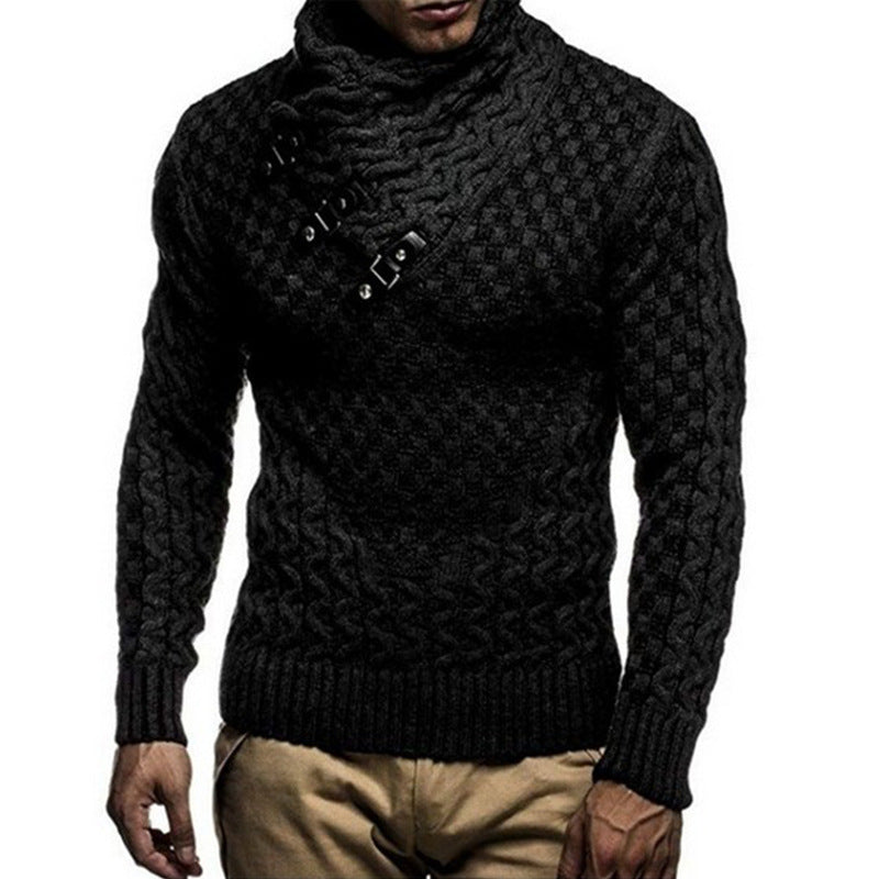Street-wave Men's Knit Sweater With Cable Knit Pattern And High Collar For Modern Cold Weather Wear