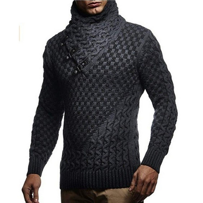 Street-wave Men's Knit Sweater With Cable Knit Pattern And High Collar For Modern Cold Weather Wear