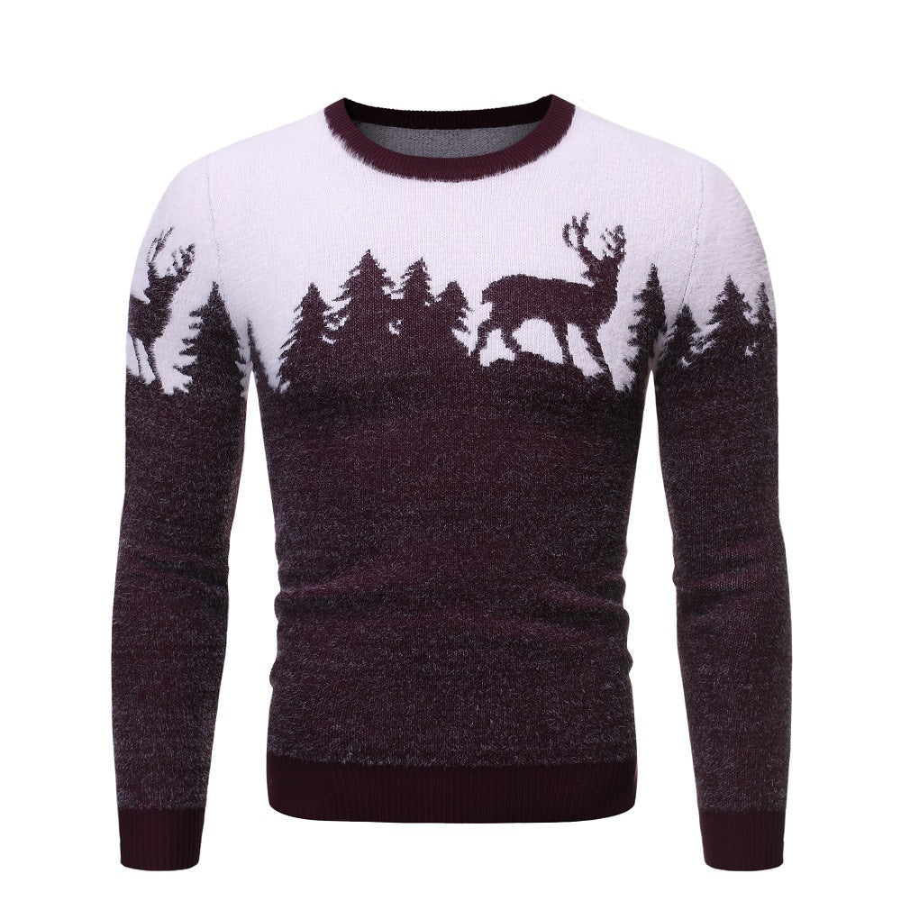Mens Cozy Sweater With Moose Forest Motif Print Street-wave Premium Soft Knit For Winter Warmth