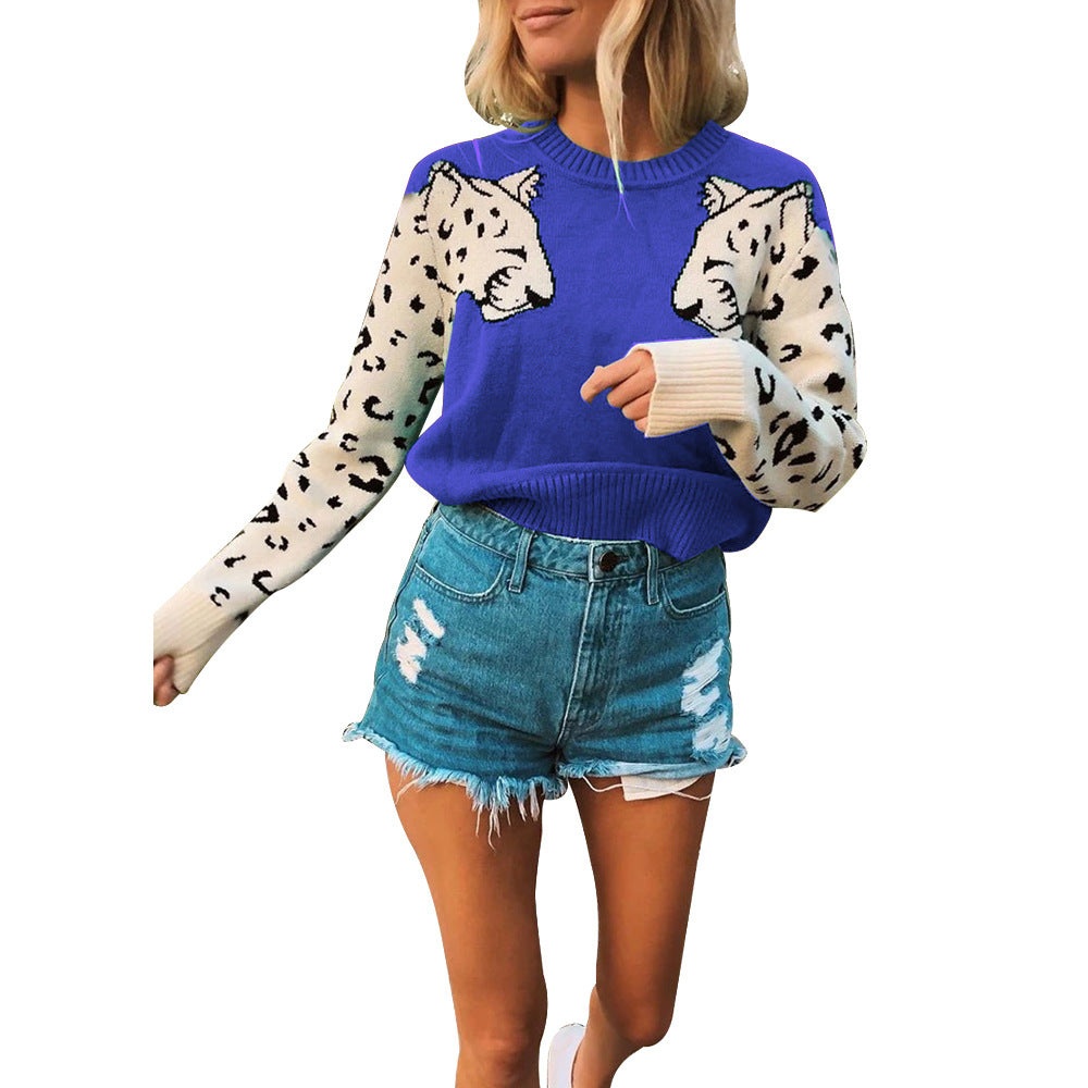 Street-wave Women's Knit Sweater With Animal Motif And Colorblocked Sleeves For Trendy Casual Wear