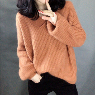 Street-Wave Womens V Neck Knit Sweater With Voluminous Sleeves Cozy Chic Everyday Wear