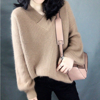 Street-Wave Womens V Neck Knit Sweater With Voluminous Sleeves Cozy Chic Everyday Wear