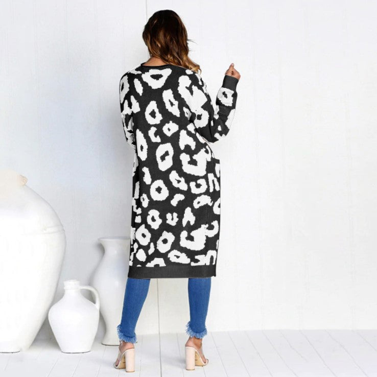 Leopard Print Knit Cardigan For Women By Street-wave Cozy Breathable Long Sleeve Coat